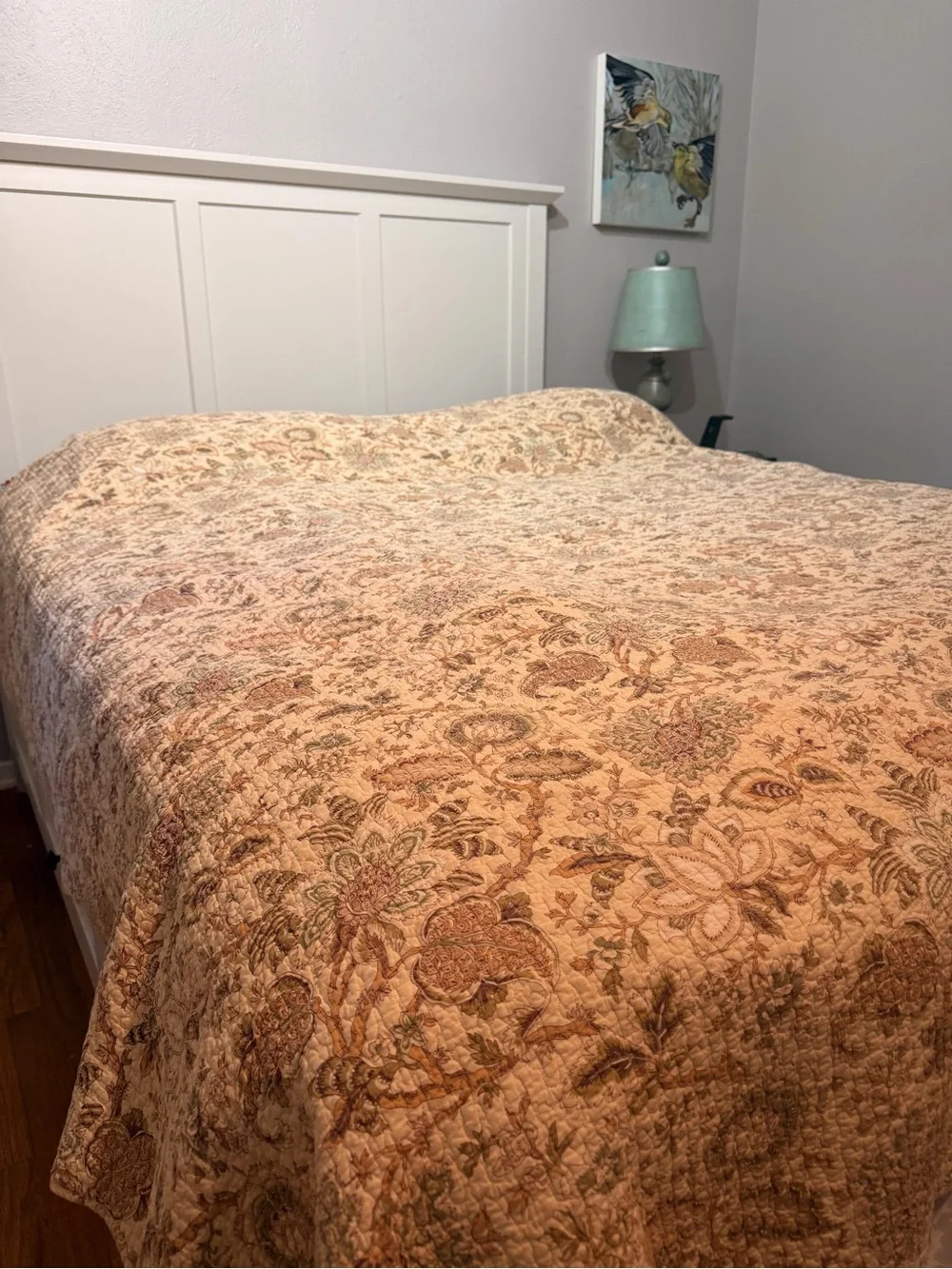 Reversible comforter tan floral and green stripe